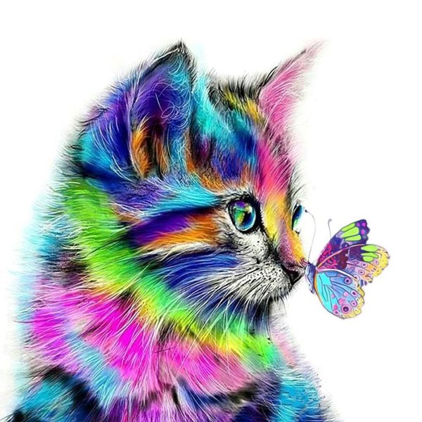 Timanttimaalaus värikäs kissa , Kuvan koko noin 40 x 40 cm, sisältää helmet, alustan ja ottimen