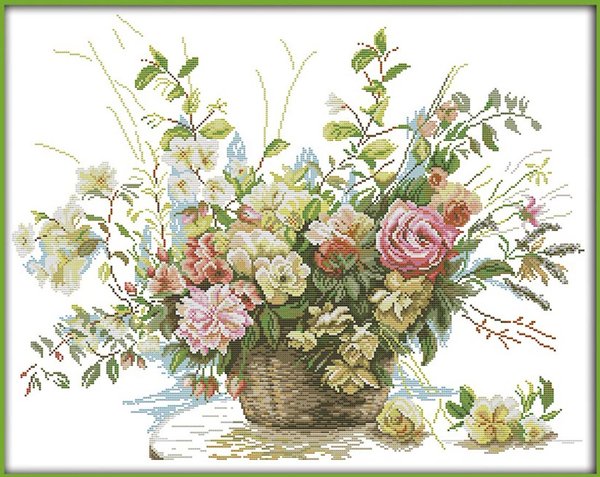 Ristipistopakkaus, ruusut korissa ,  61 x 50 cm