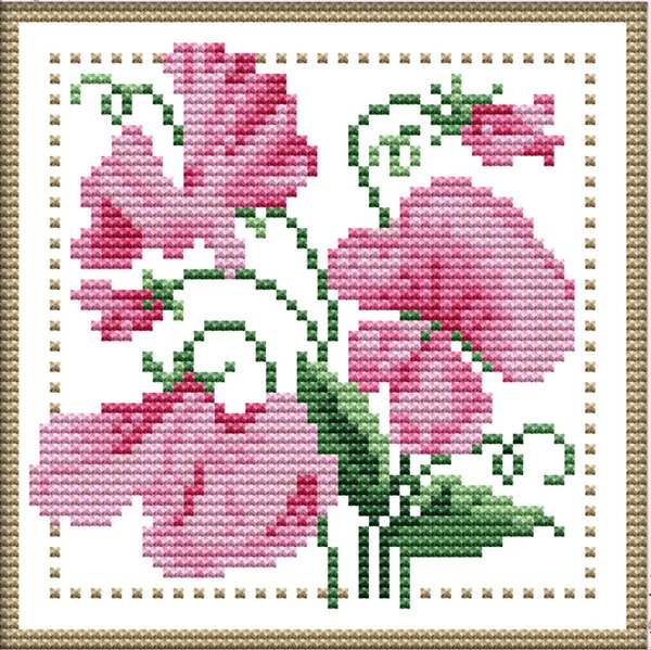 Ristipistopakkaus, vaaleanpunaisia kukkia 21 x 21 cm