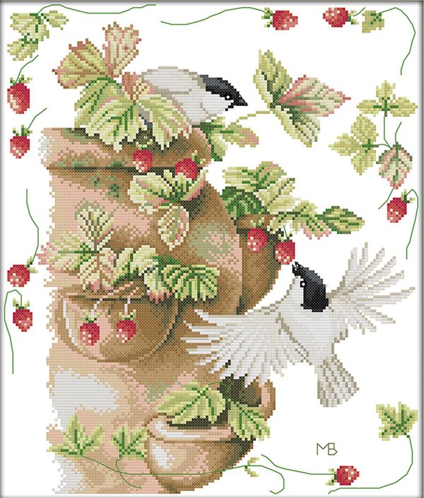 Ristipistopakkaus, linnut ja mansikat, 35 x 40 cm