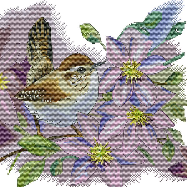 Ristipistopakkaus, lintu ja kukkia , 34 x 34 cm