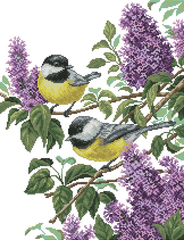 Ristipistopakkaus, lintuja ja kukkia  47 x 59 cm