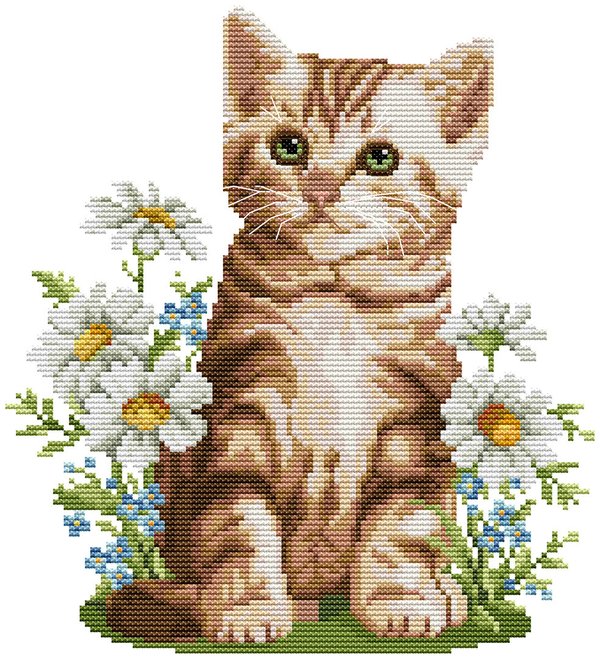 Ristipistopakkaus, kissa ja kukkia  35 x 38 cm