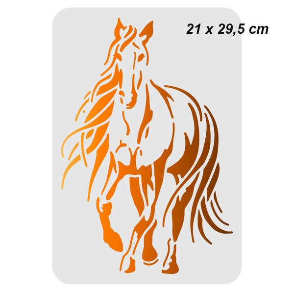 Muovinen maalaussabloona  pitkä jouhinen hevonen. 29,5 x 21 cm
