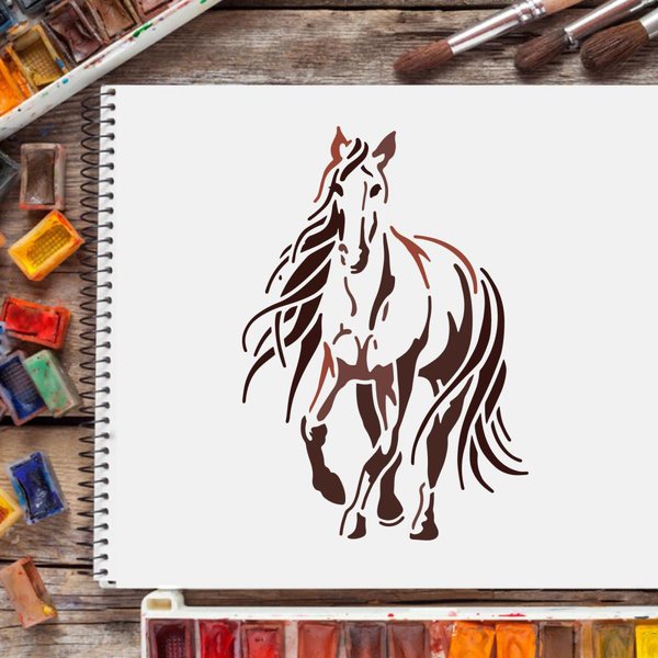 Muovinen maalaussabloona  pitkä jouhinen hevonen. 29,5 x 21 cm