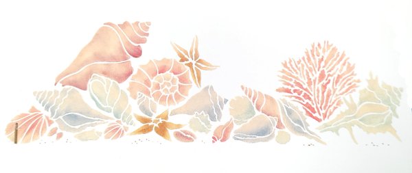 Muovinen maalaussabloona Seashells,  Sabloonan koko 45 x 20,5 cm
